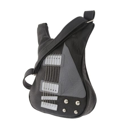 Black leather guitar bag with real strings, perfect for rock enthusiasts. Made by Bysolbags.