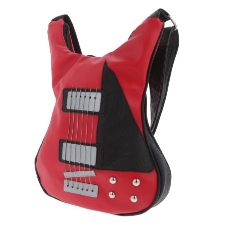 Red leather guitar shaped bag with real strings - a must-have for rock enthusiasts.