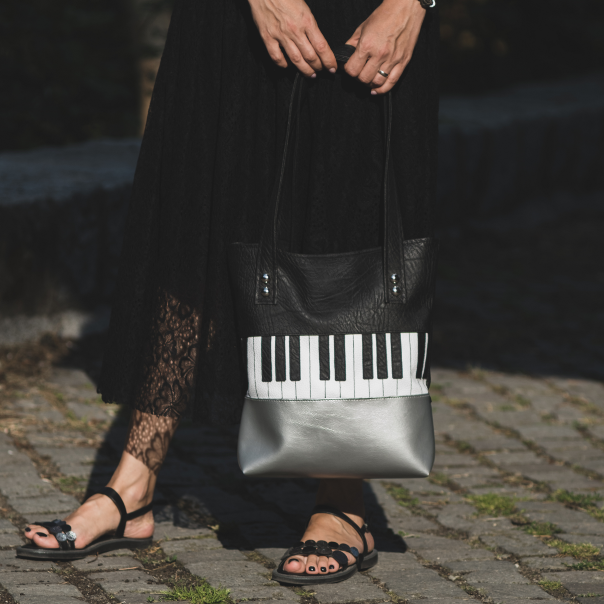 Piano Leather Tote Bag by Bysol Bags - Handcrafted and eco-friendly tote bag with piano elements