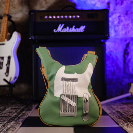Vibrant green electric guitar crossbody bag with real guitar strings, a trendy accessory from BYSOL Bags